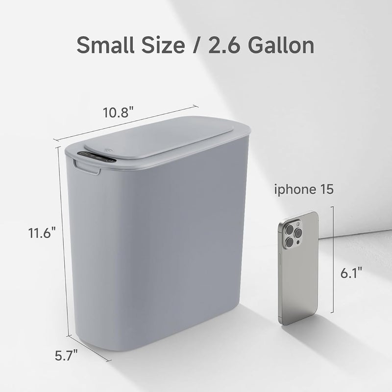 TIPGO Automatic Motion Sensor Bathroom Trash Can with Lid, 2.6 Gallon Touchless Trash Bin, Smart Garbage Can Plastic Slim Wastebasket for Bedroom, Office, Dorm (Grey) - Image 3